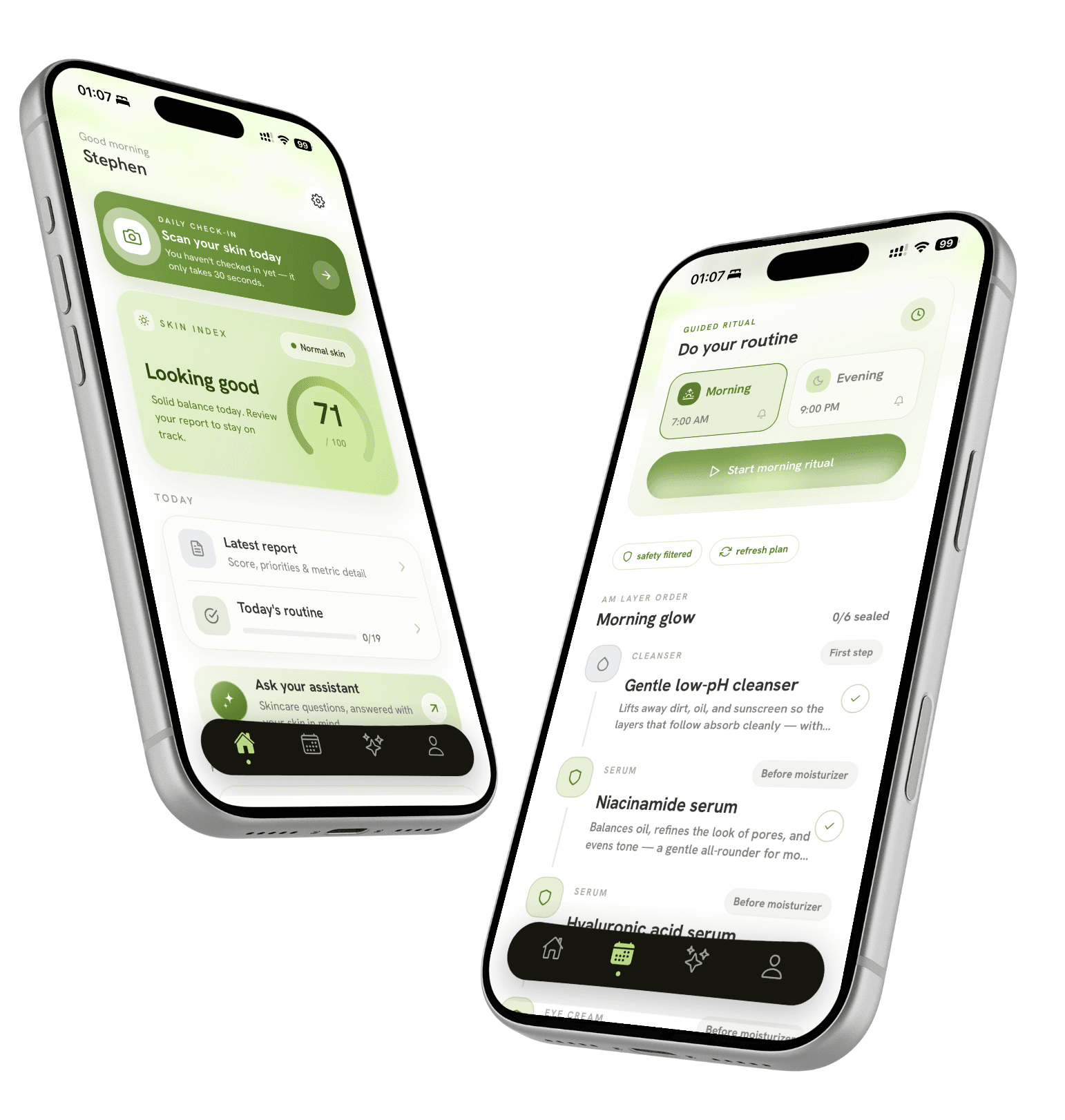 Dermiva app on two phones — the daily check-in home screen and a guided morning routine